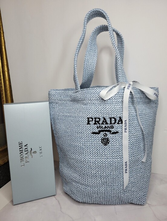 Handbags - PRADA Lt. Blue 10"×11" Raffia Tote, New In Box GWP